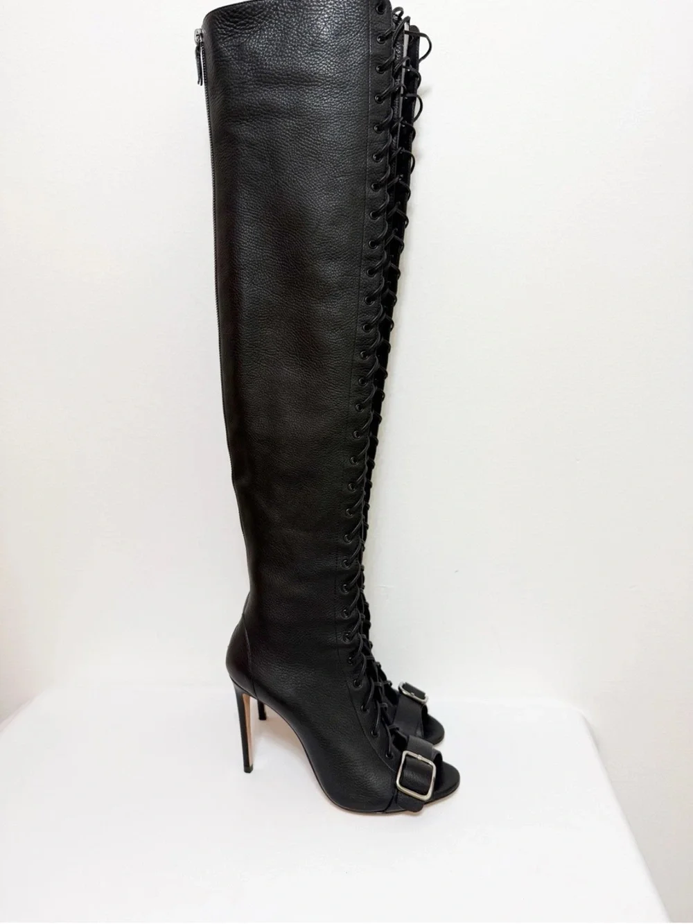 $1810 39.5 US 8.5 CASADEI Black Leather Lace Up Over The Knee HEEL Boots ITALY